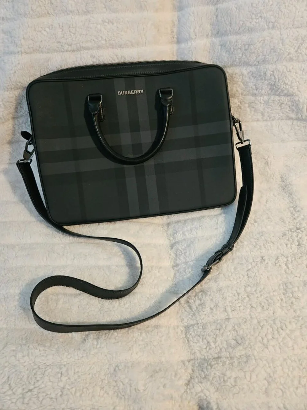 Authentic Burberry London England Black Check Leather Laptop Briefcase Business